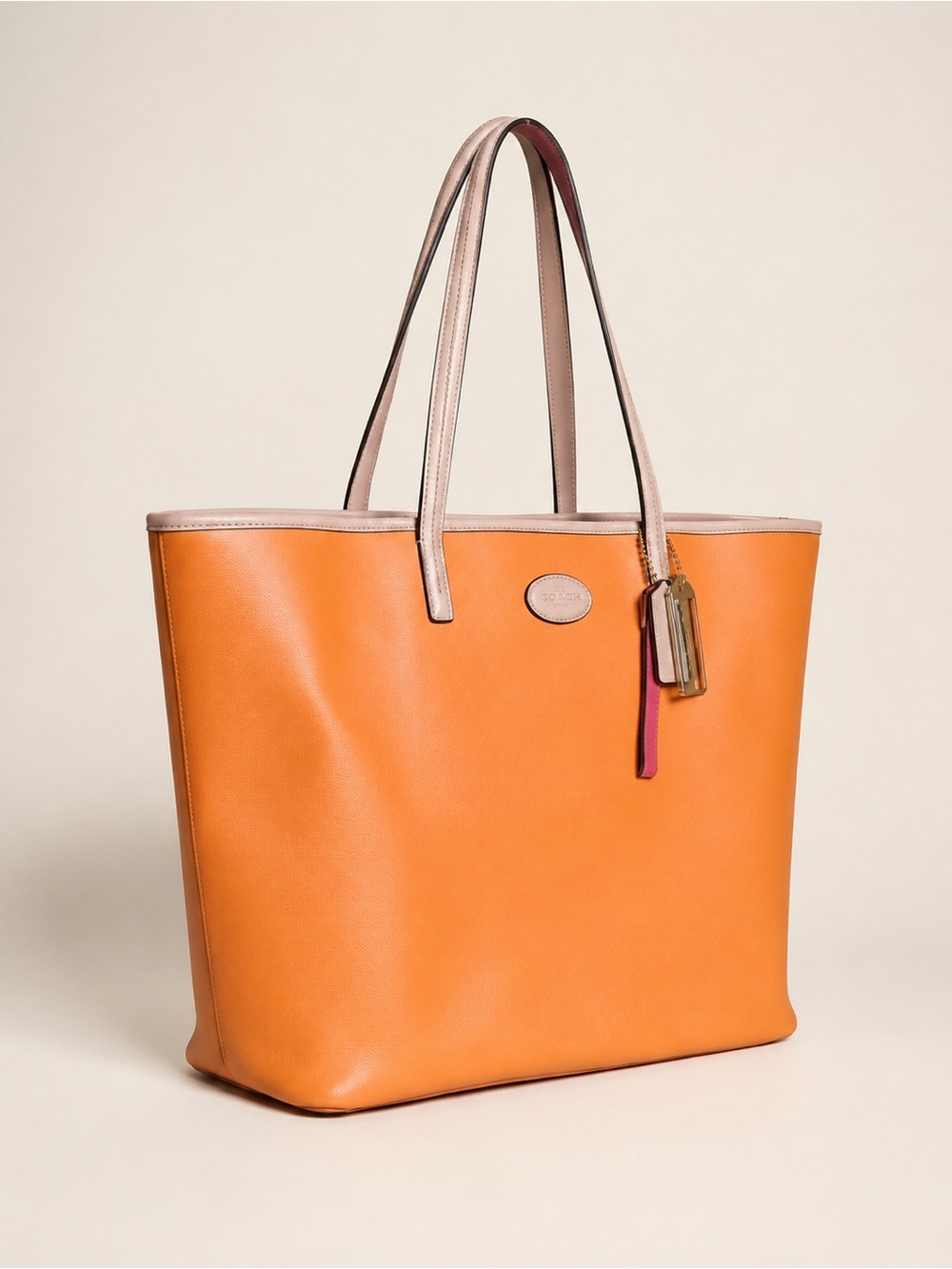 ✨ Coach Orange Crossgrain Leather Tote Pink Interior w/ Dust Bag EUC